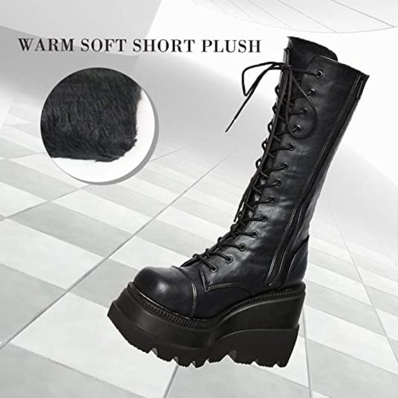Burning Man Black Lace Up  Platform Combat Boots - Picture 4 of 6